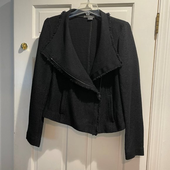Vince Tweed Jacket with Frayed Edge, Asymmetrical Zip Cotton Blend - Picture 3 of 7